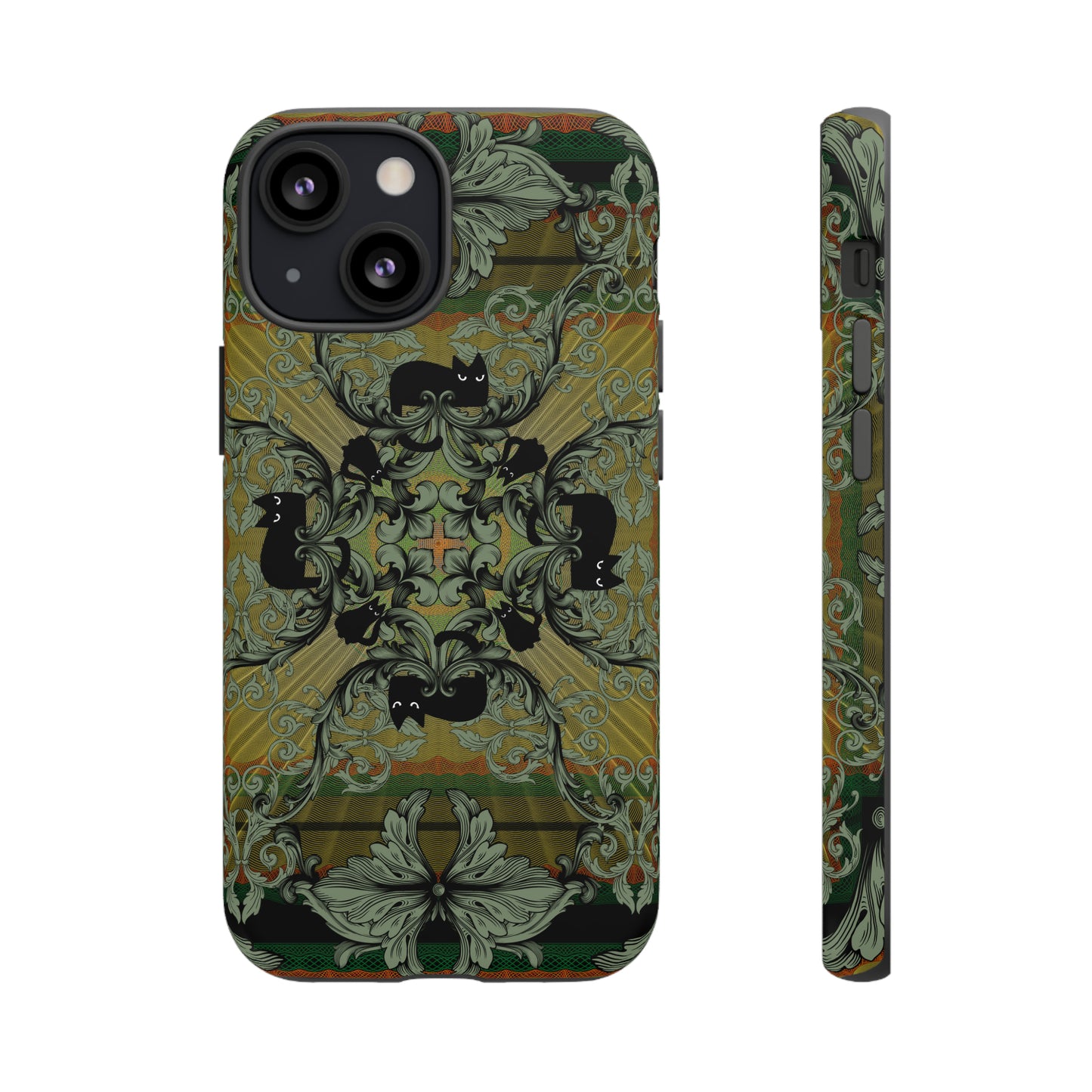 Tough Case - iPhone - Samsung - cats and filigree - green/orange/yellow - black cat