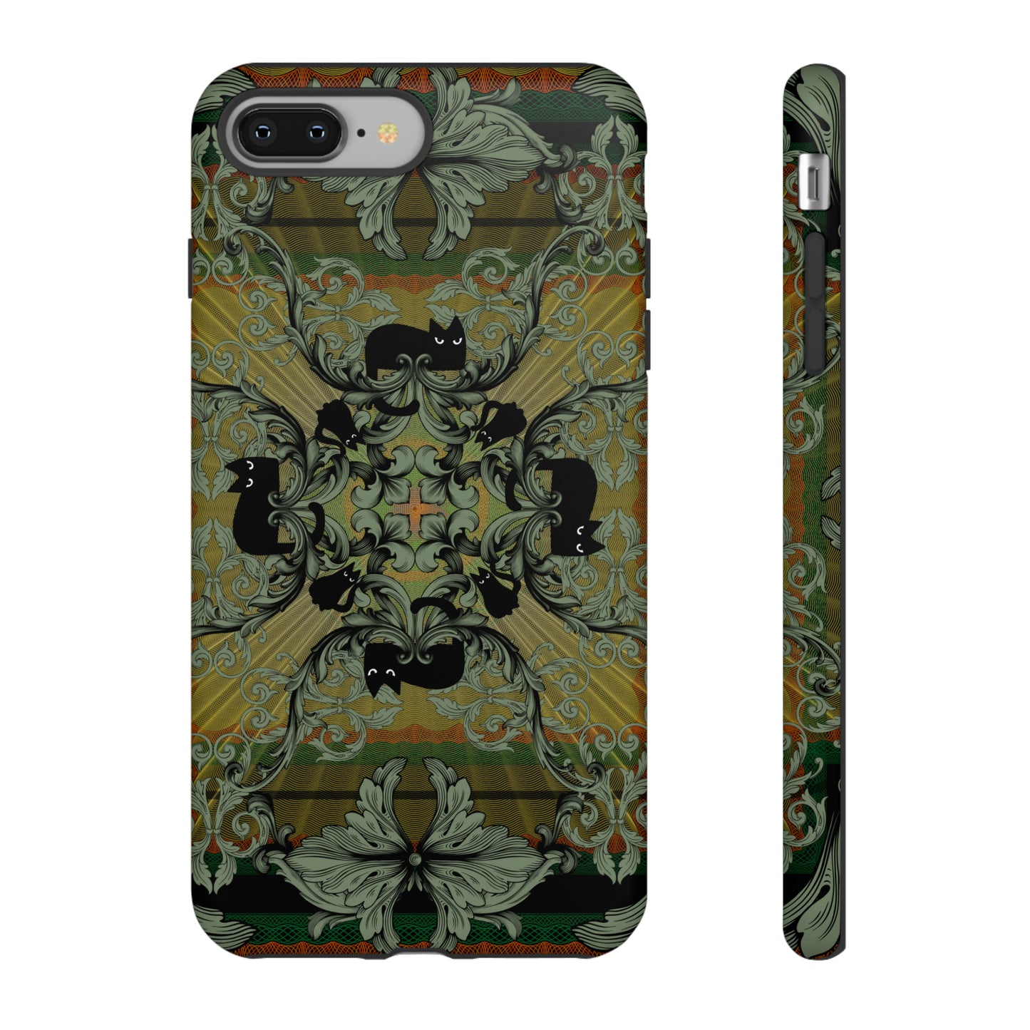 Tough Case - iPhone - Samsung - cats and filigree - green/orange/yellow - black cat