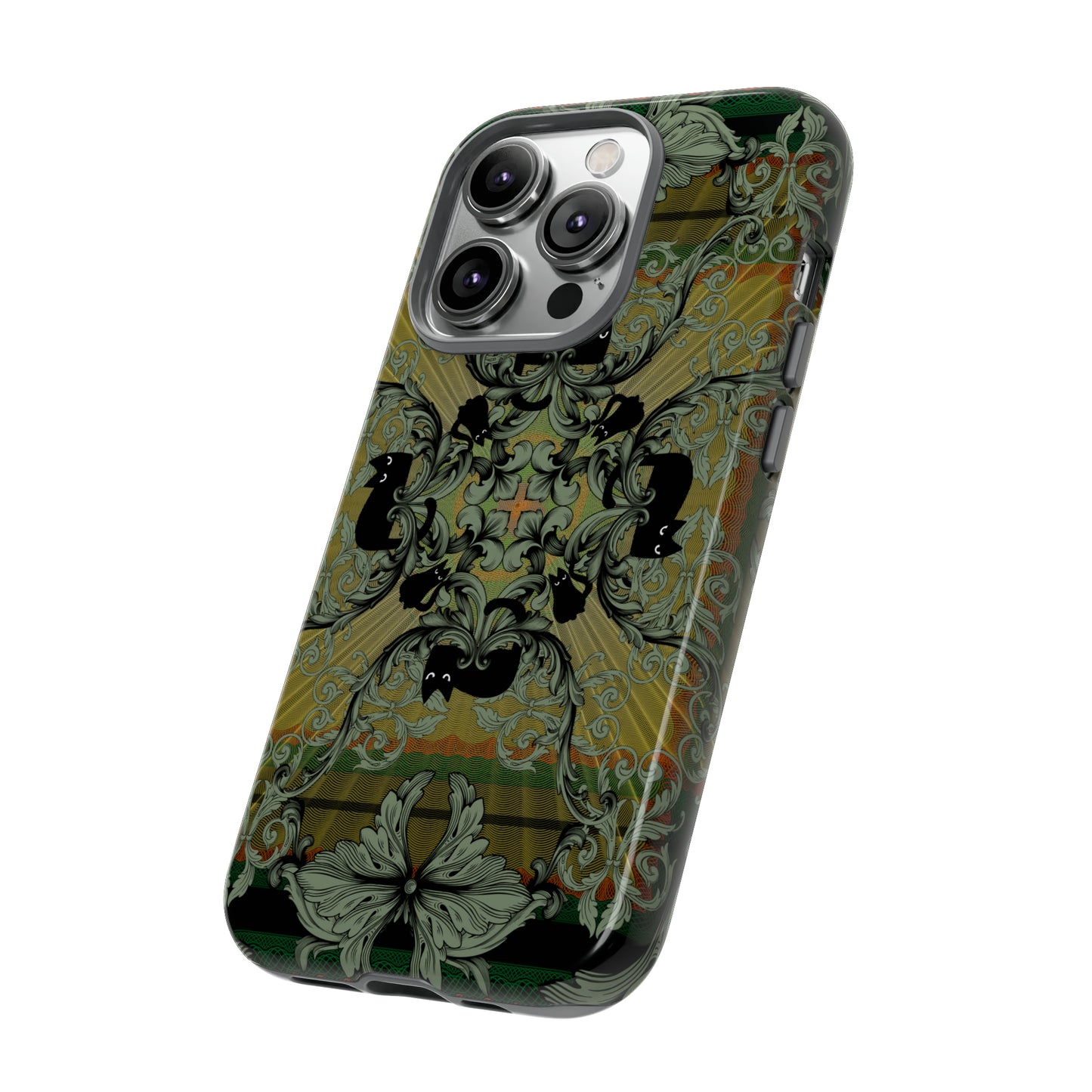 Tough Case - iPhone - Samsung - cats and filigree - green/orange/yellow - black cat