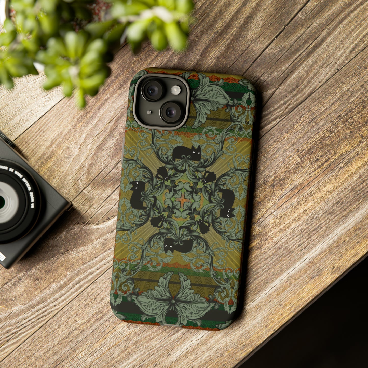 Tough Case - iPhone - Samsung - cats and filigree - green/orange/yellow - black cat