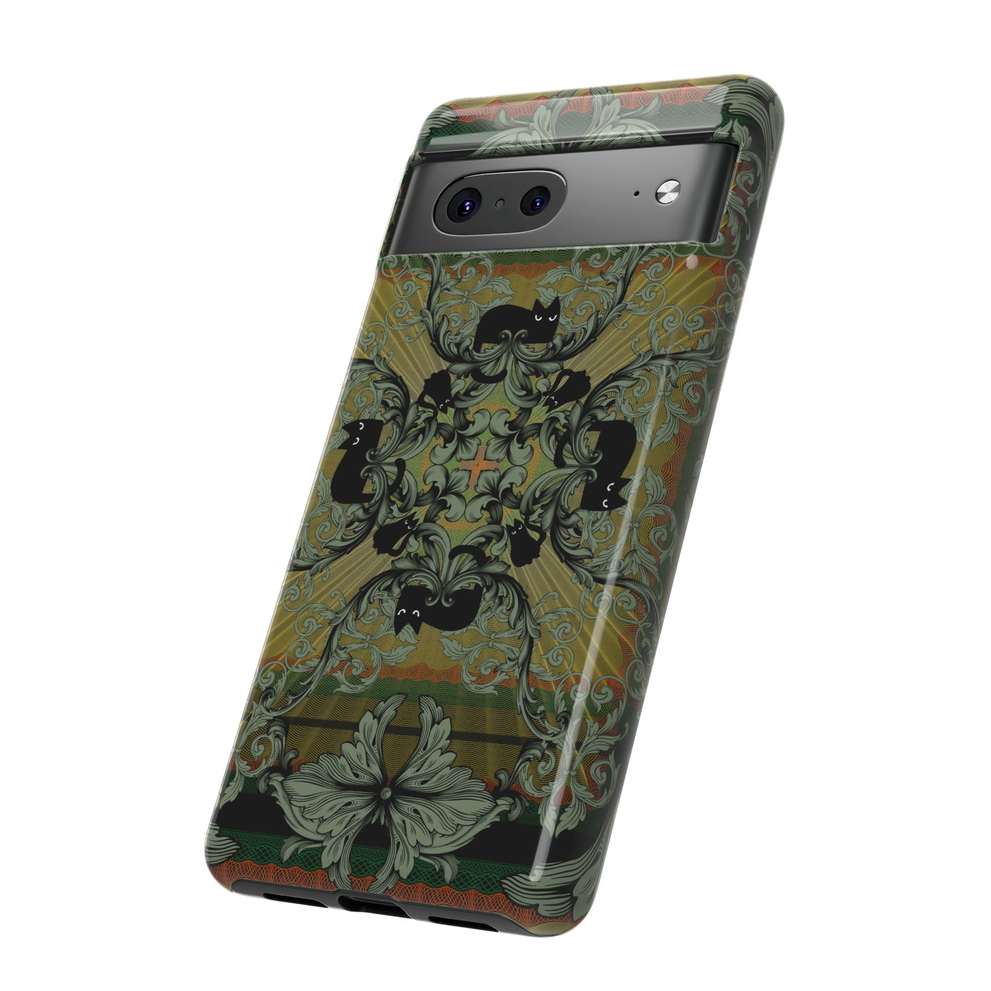 Tough Case - iPhone - Samsung - cats and filigree - green/orange/yellow - black cat