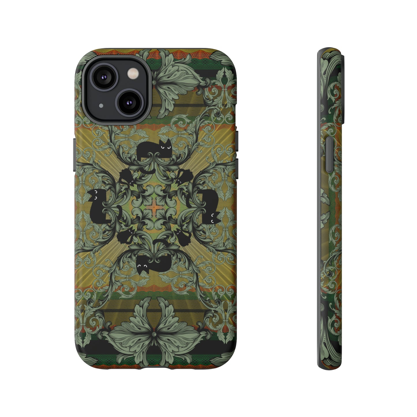 Tough Case - iPhone - Samsung - cats and filigree - green/orange/yellow - black cat