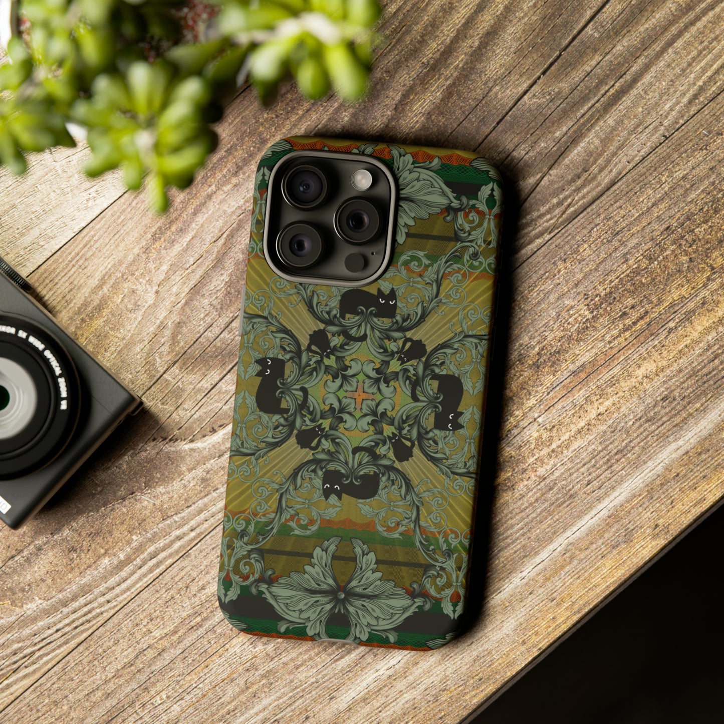 Tough Case - iPhone - Samsung - cats and filigree - green/orange/yellow - black cat