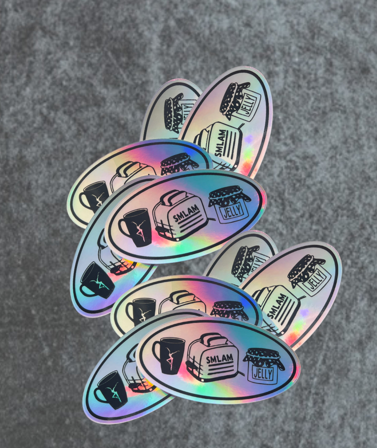 sticker - dmb - smlam - coffee toast and jelly - rainbow holographic foil - 5" oval